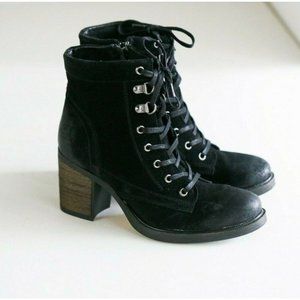 Brand New Bos & Co. Black Suede Lace Up Block Heels Fall Winter Booties SZ 37